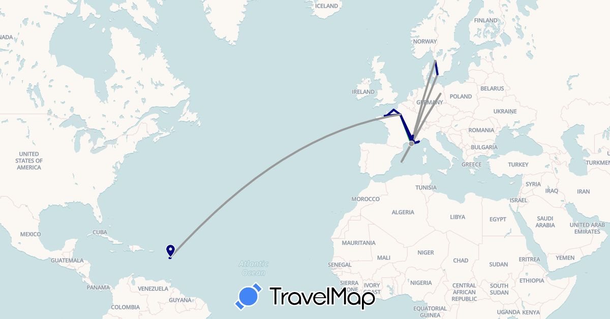 TravelMap itinerary: driving, bus, plane in Germany, Denmark, Spain, France, Monaco, Sweden (Europe)